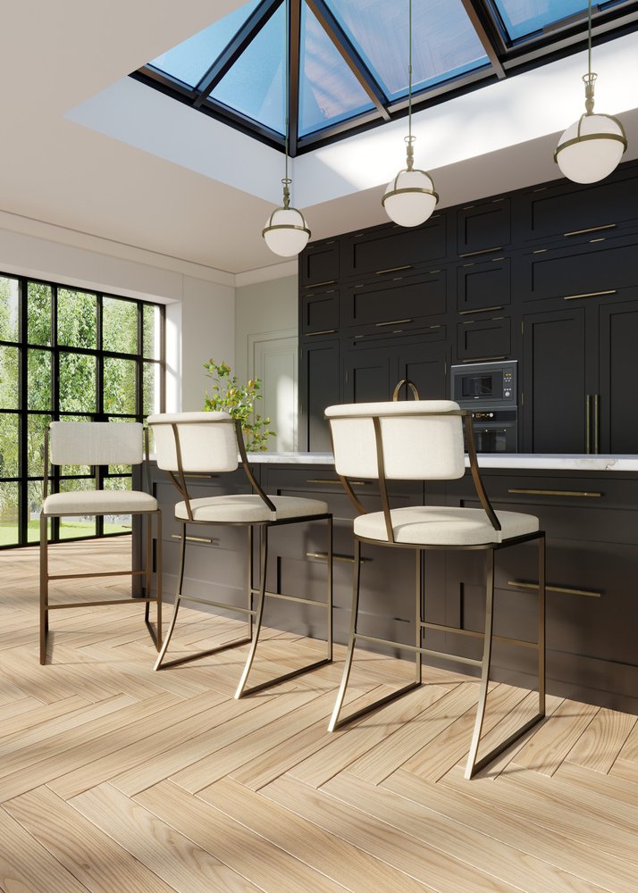 30" Beige And Antiqued Brass Steel Low Back Bar Height Bar Chair