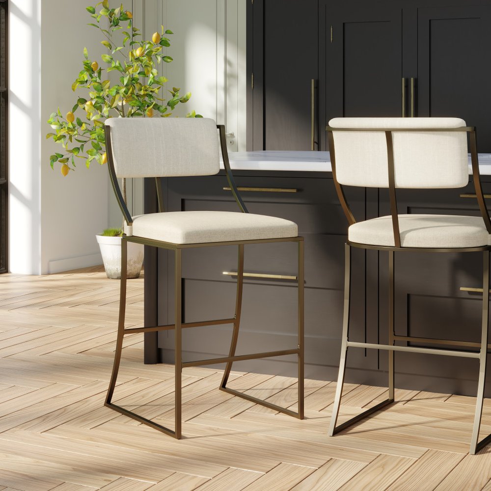 30" Beige And Antiqued Brass Steel Low Back Bar Height Bar Chair