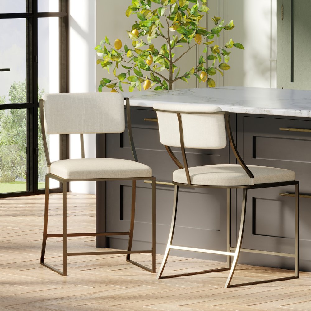 25" Beige And Antiqued Brass Steel Low Back Counter Height Bar Chair