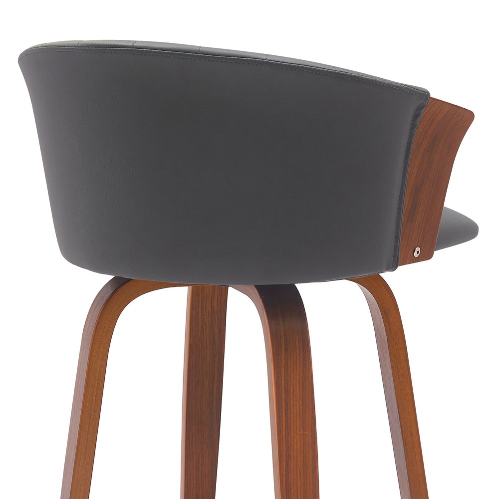 26" Gray And Brown Faux Leather And Fabric And Solid Wood Counter Height Swivel Bar Chair