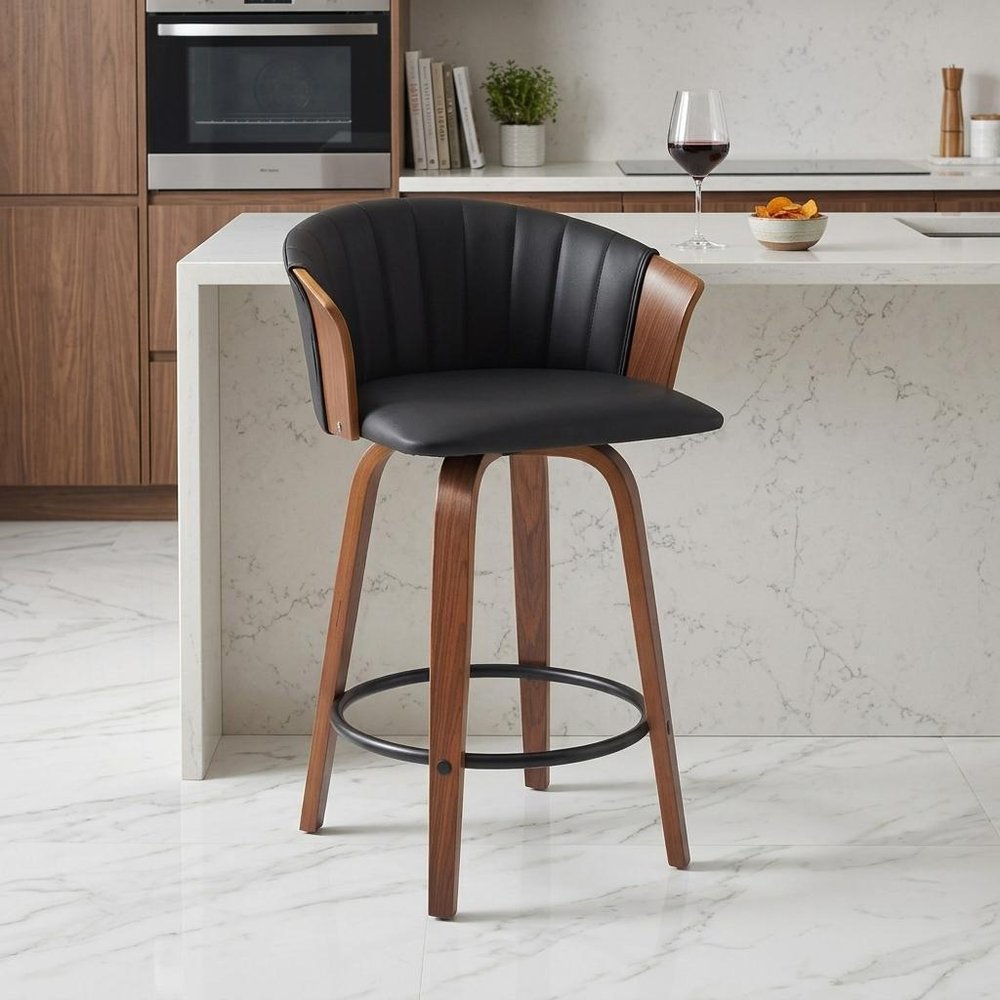 26" Black And Brown Faux Leather And Fabric And Solid Wood Counter Height Swivel Bar Chair