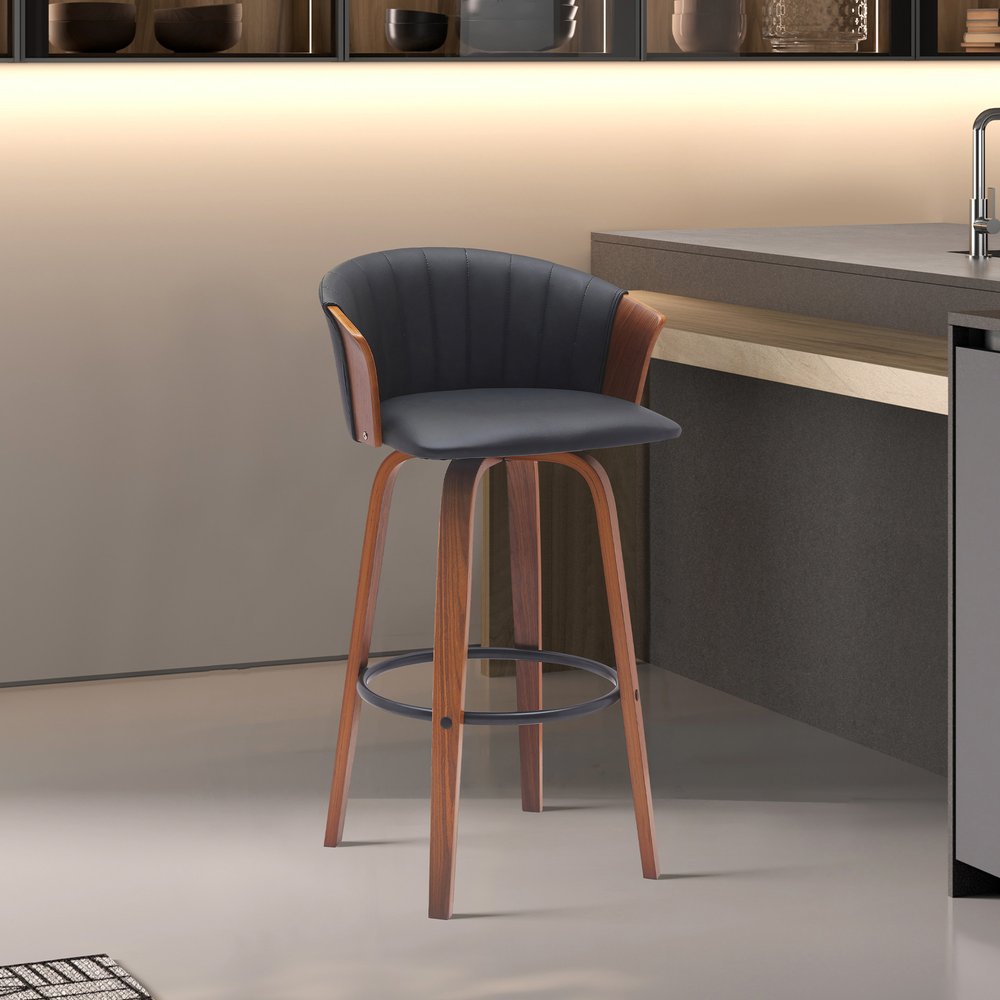 26" Black And Brown Faux Leather And Fabric And Solid Wood Counter Height Swivel Bar Chair