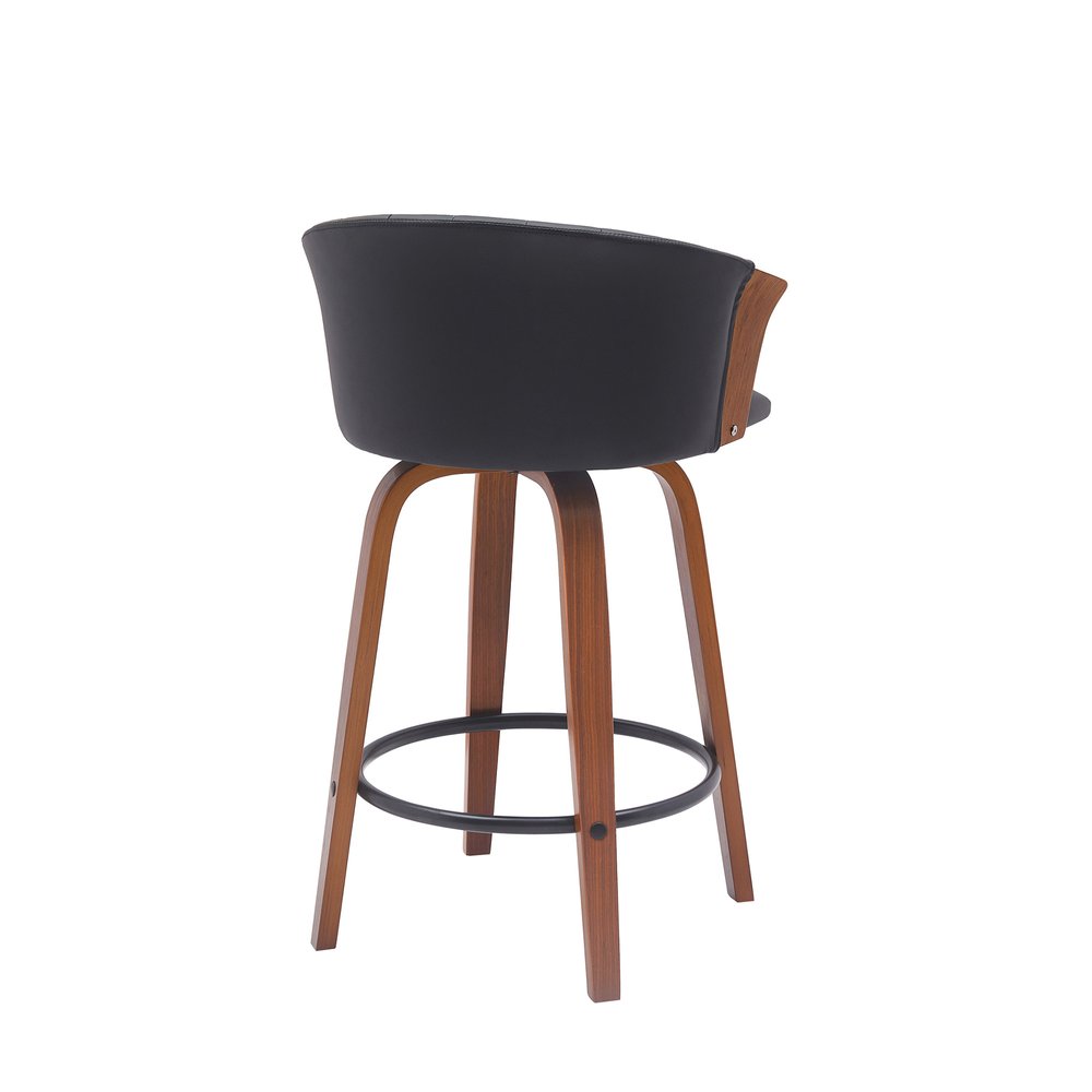 26" Black And Brown Faux Leather And Fabric And Solid Wood Counter Height Swivel Bar Chair