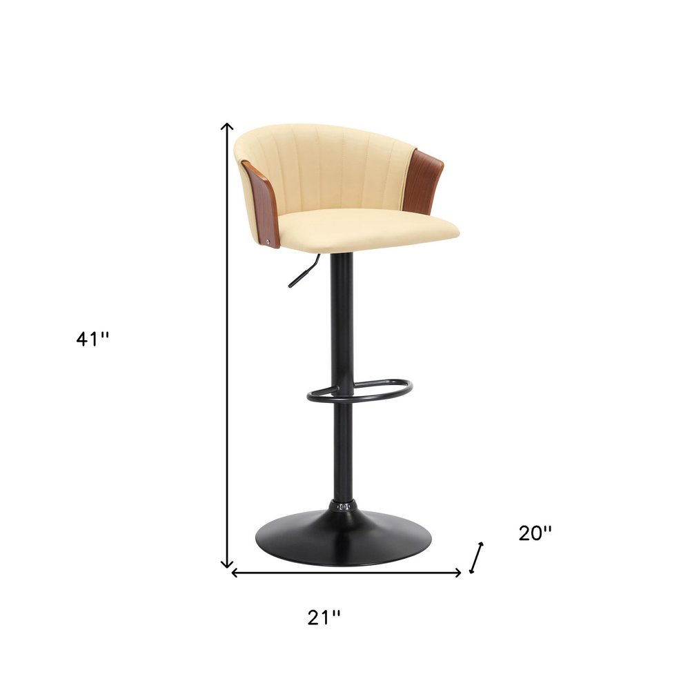 Cream And Black Faux Leather And Fabric And Metal Adjustable Height Swivel Bar Chair