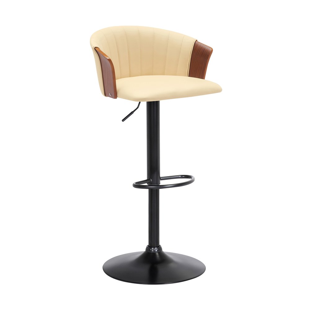 Cream And Black Faux Leather And Fabric And Metal Adjustable Height Swivel Bar Chair