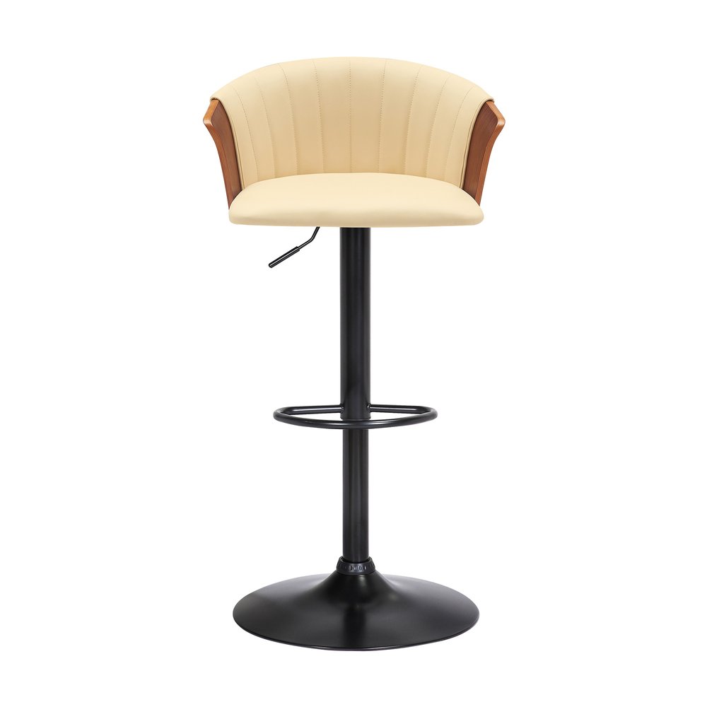 Cream And Black Faux Leather And Fabric And Metal Adjustable Height Swivel Bar Chair