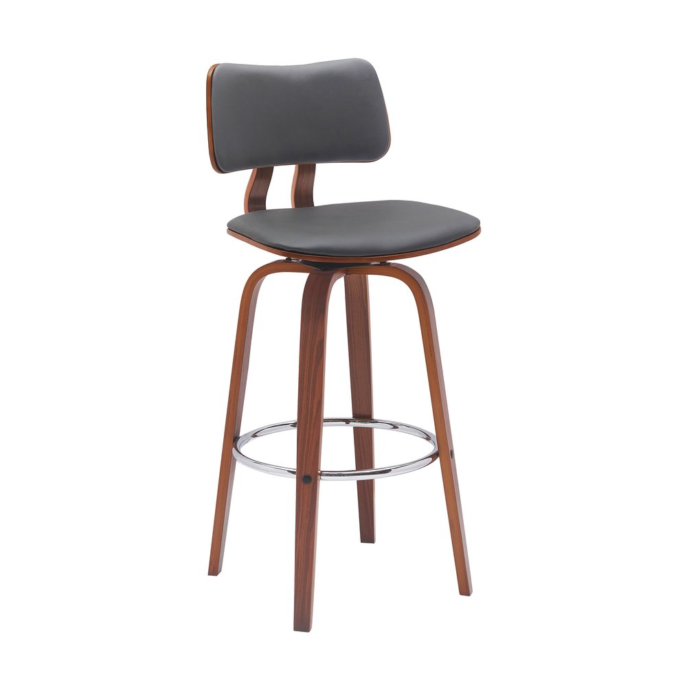 30" Gray And Brown Faux Leather And Fabric And Wood Low Back Bar Height Swivel Bar Chair