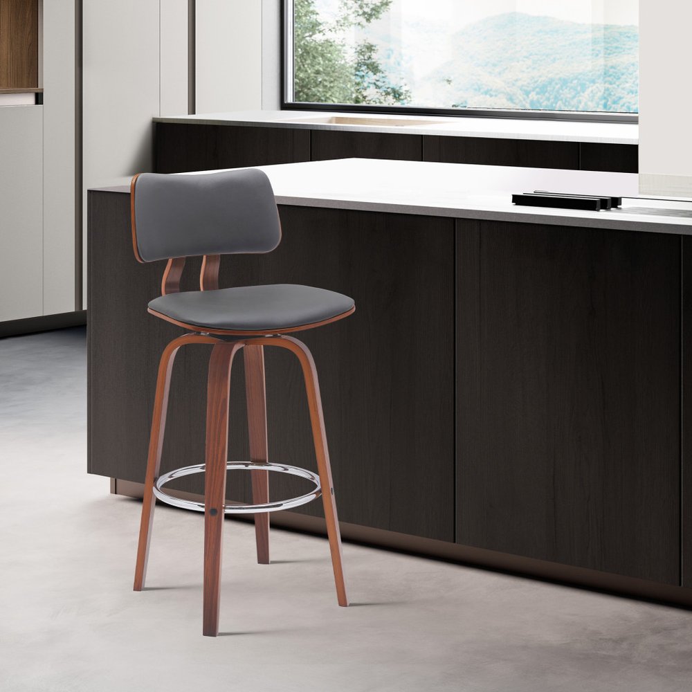 30" Gray And Brown Faux Leather And Fabric And Wood Low Back Bar Height Swivel Bar Chair