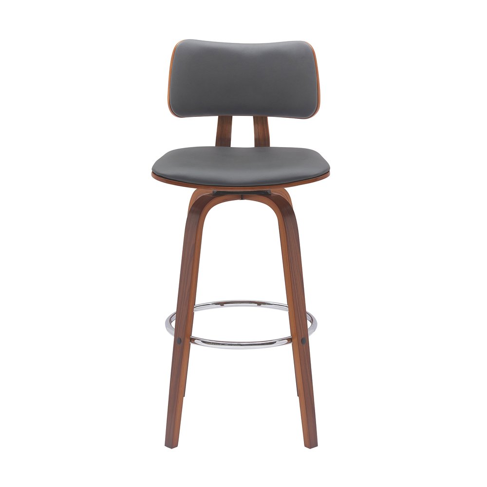 30" Gray And Brown Faux Leather And Fabric And Wood Low Back Bar Height Swivel Bar Chair