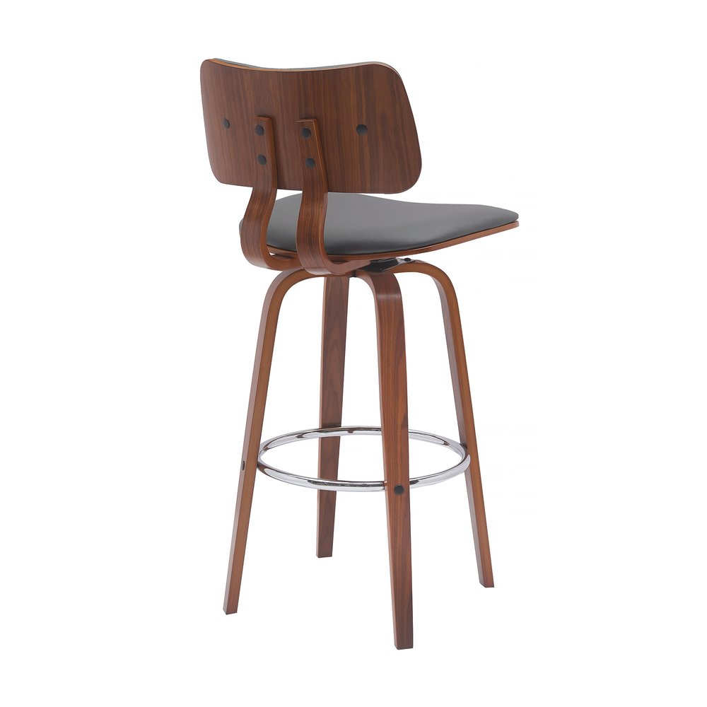 30" Gray And Brown Faux Leather And Fabric And Wood Low Back Bar Height Swivel Bar Chair