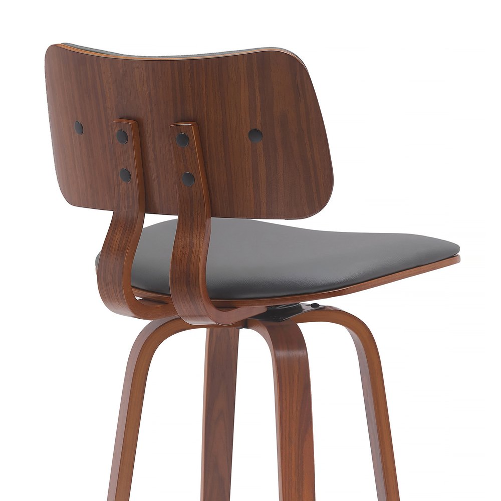 30" Gray And Brown Faux Leather And Fabric And Wood Low Back Bar Height Swivel Bar Chair