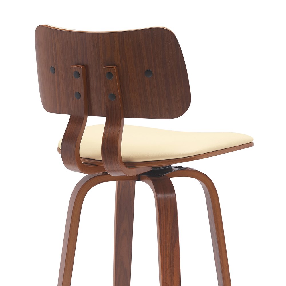 30" Cream And Brown Faux Leather And Fabric And Wood Low Back Bar Height Swivel Bar Chair