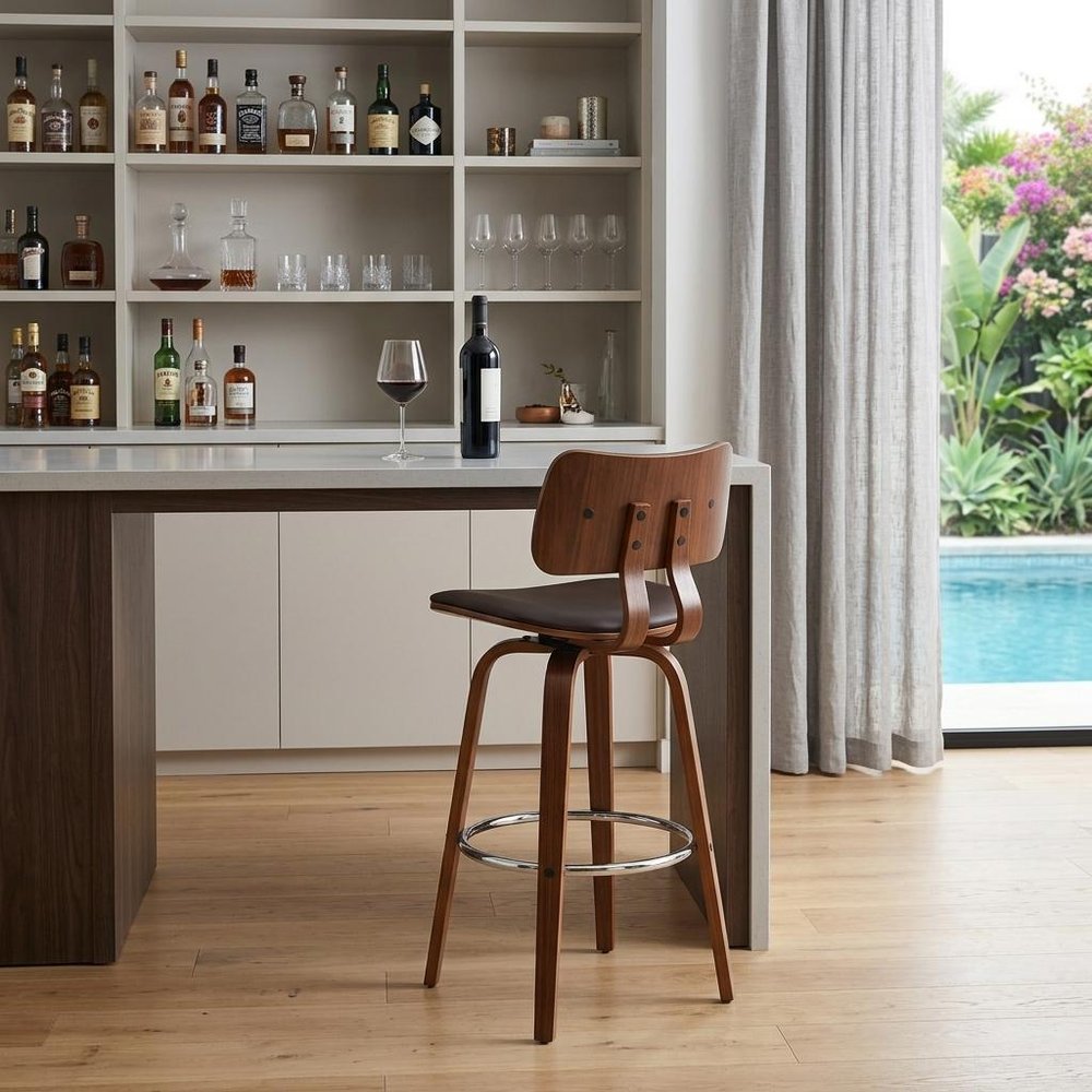 30" Brown Faux Leather And Fabric And Wood Low Back Bar Height Swivel Bar Chair