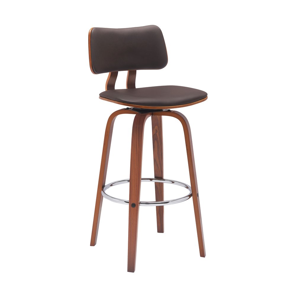 30" Brown Faux Leather And Fabric And Wood Low Back Bar Height Swivel Bar Chair