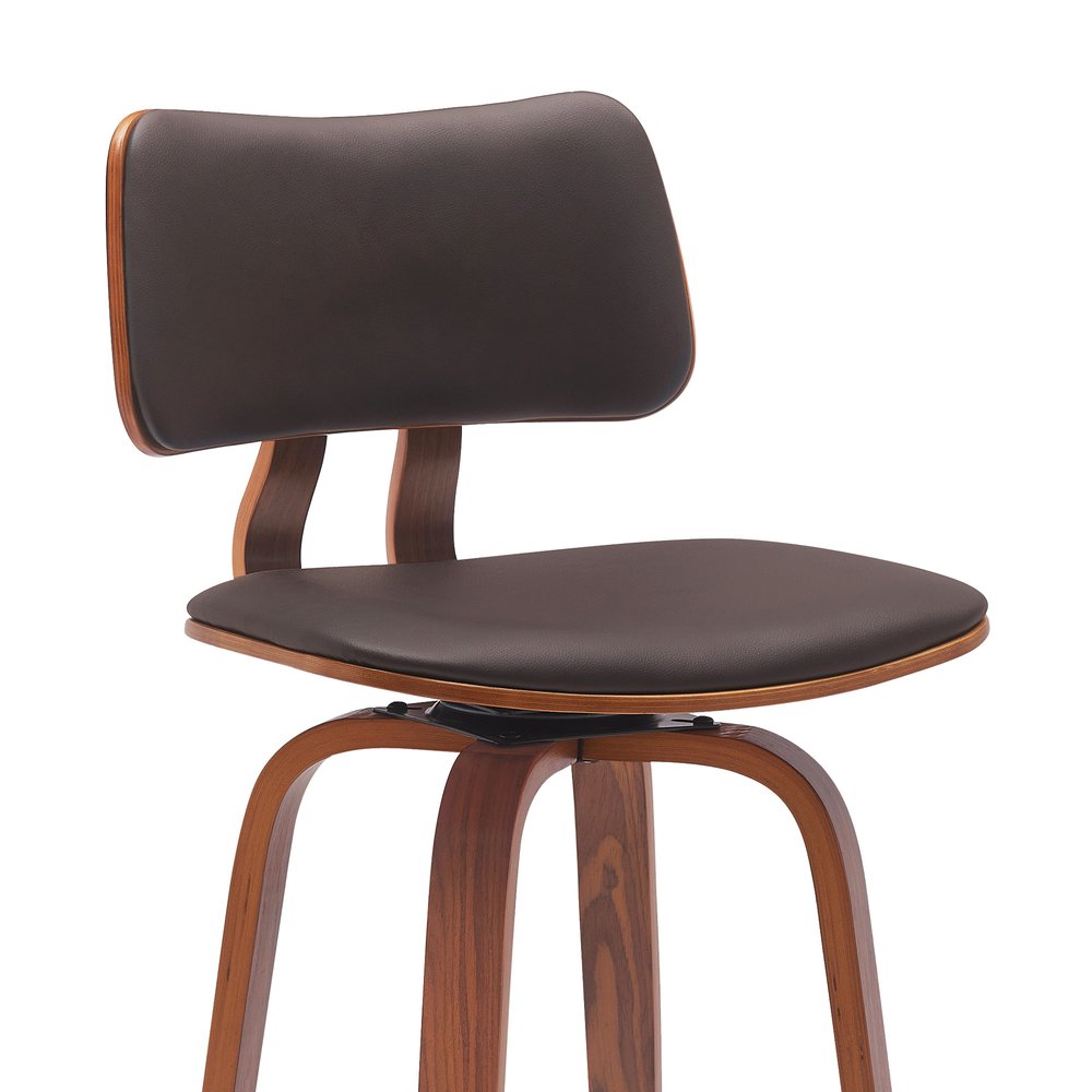 30" Brown Faux Leather And Fabric And Wood Low Back Bar Height Swivel Bar Chair