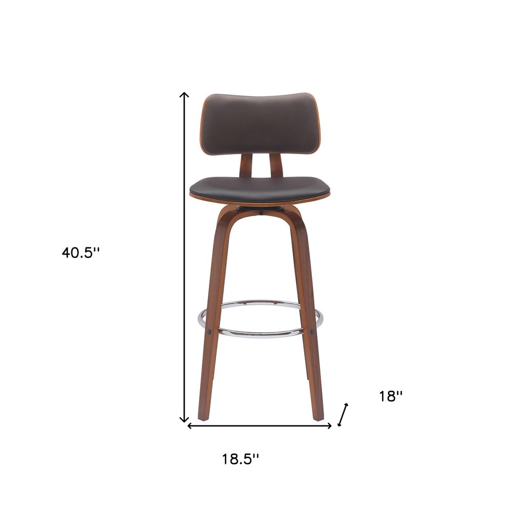 30" Brown Faux Leather And Fabric And Wood Low Back Bar Height Swivel Bar Chair