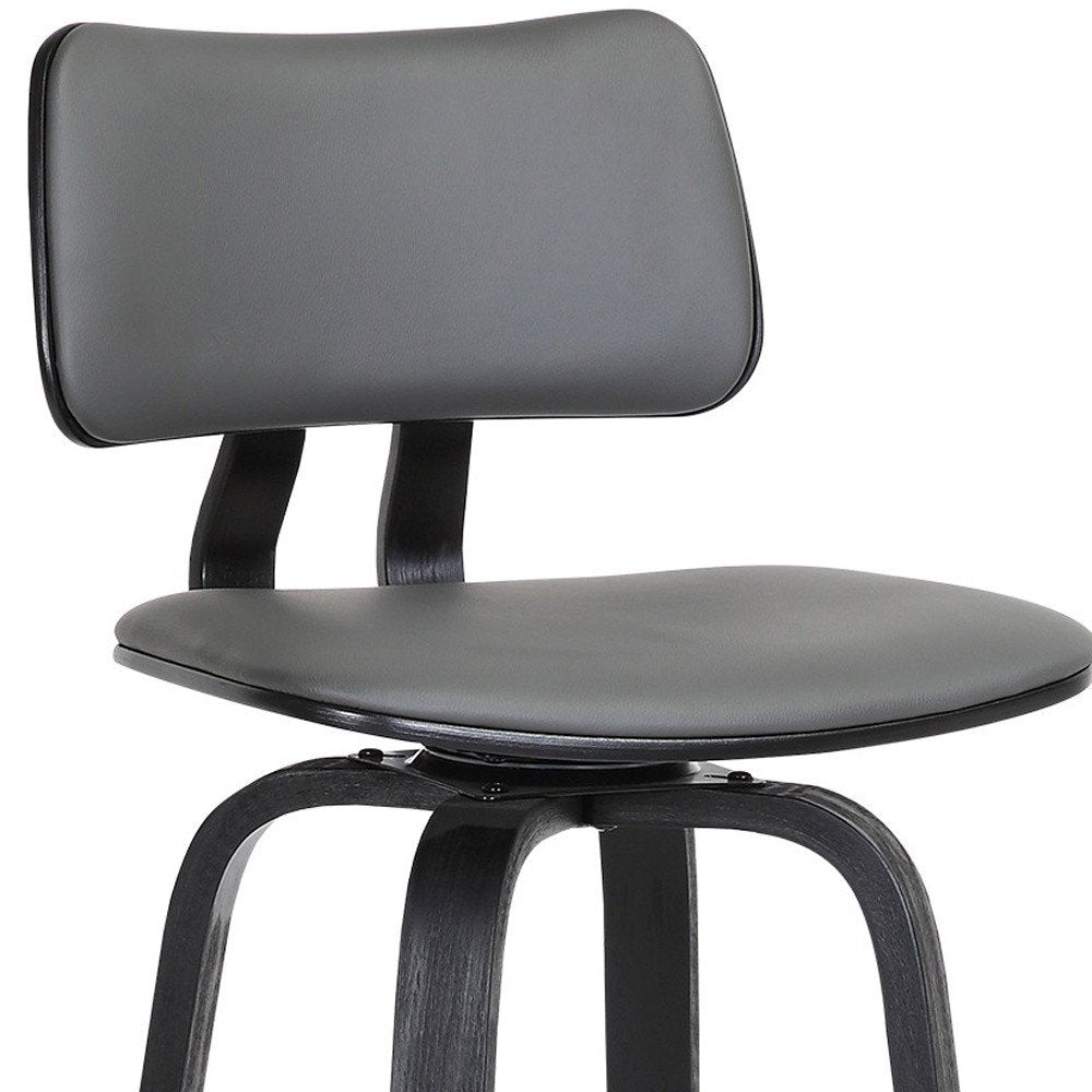 30" Gray And Black Faux Leather And Fabric And Wood Low Back Bar Height Swivel Bar Chair