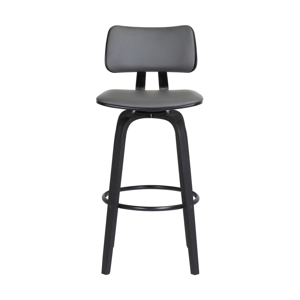 30" Gray And Black Faux Leather And Fabric And Wood Low Back Bar Height Swivel Bar Chair