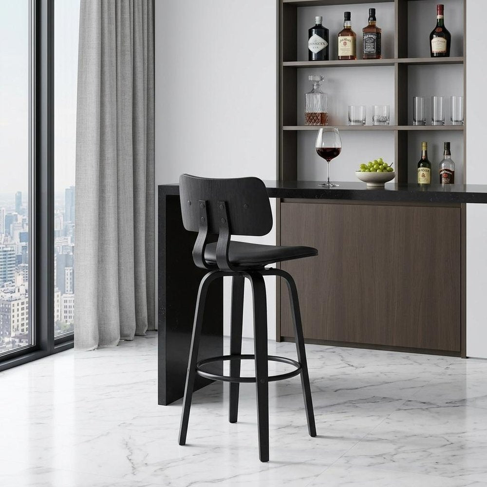 30" Gray And Black Faux Leather And Fabric And Wood Low Back Bar Height Swivel Bar Chair