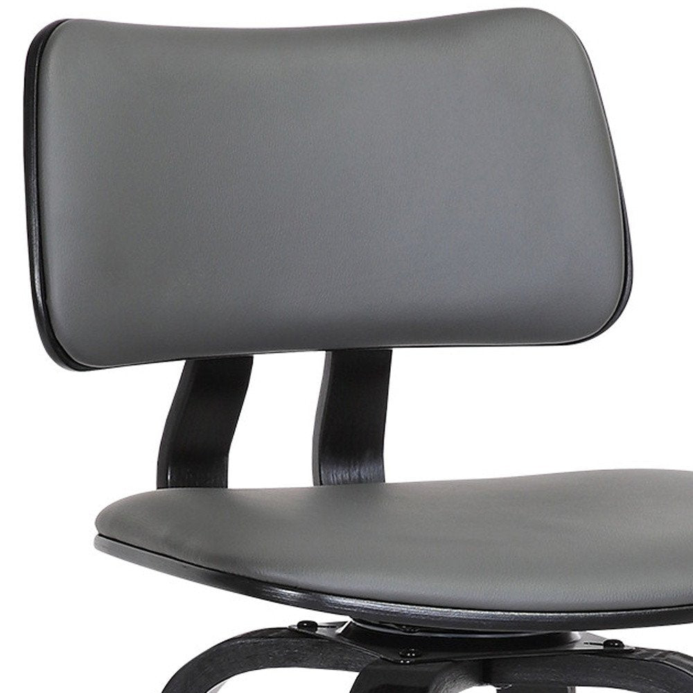 30" Gray And Black Faux Leather And Fabric And Wood Low Back Bar Height Swivel Bar Chair