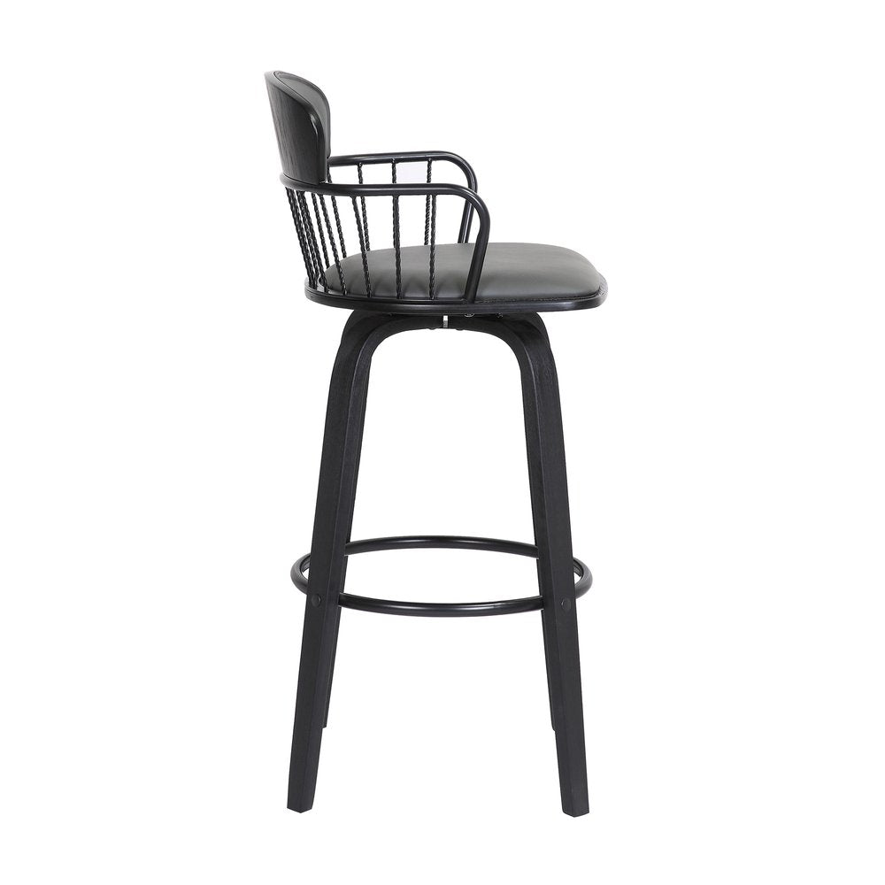 30" Gray And Black Faux Leather And Fabric And Wood Low Back Bar Height Swivel Bar Chair