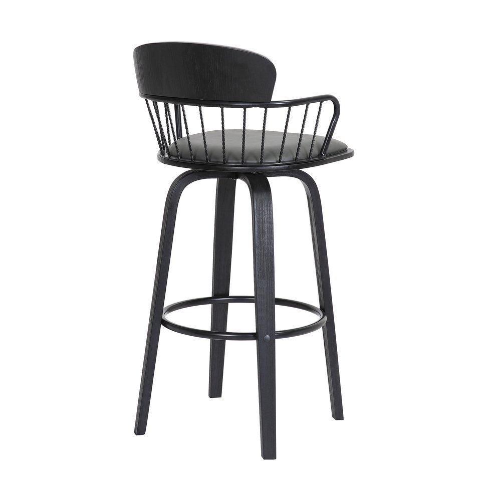30" Gray And Black Faux Leather And Fabric And Wood Low Back Bar Height Swivel Bar Chair