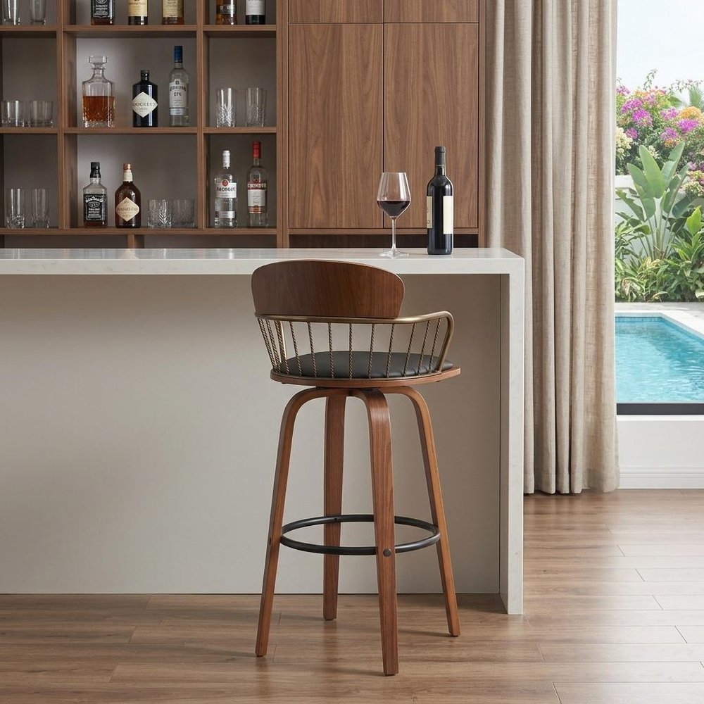 30" Gray And Brown Faux Leather And Fabric And Wood Low Back Bar Height Swivel Bar Chair