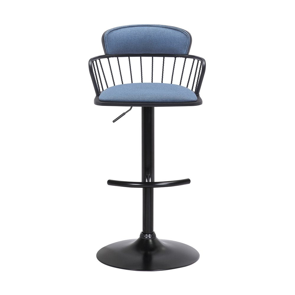 Blue and Black Fabric with Metal Swivel Low Back Adjustable Height Bar Chair