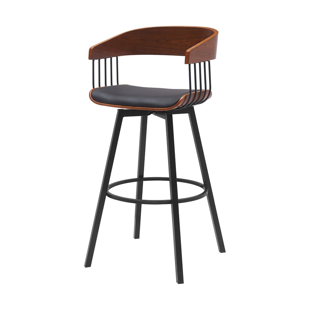 31" Black Faux Leather And Fabric And Metal Bar Height Swivel Bar Chair