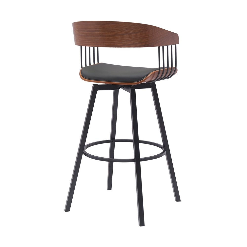 31" Black Faux Leather And Fabric And Metal Bar Height Swivel Bar Chair