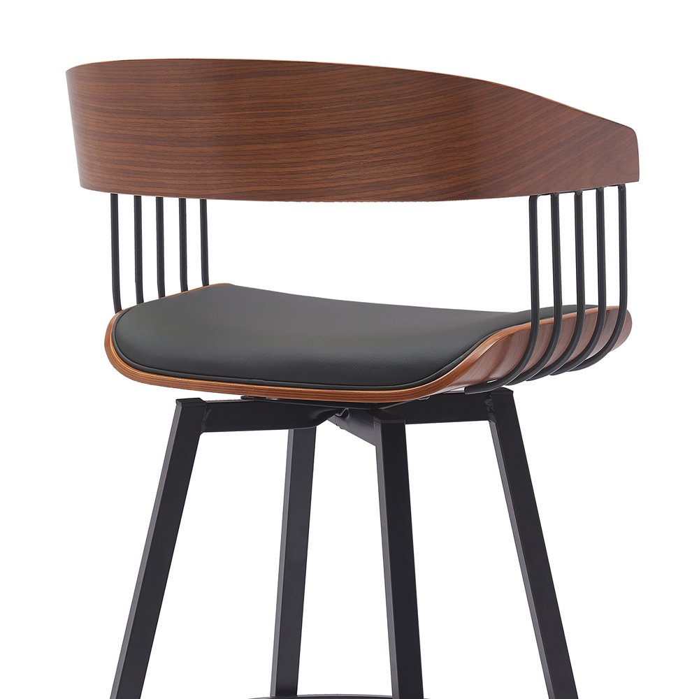31" Black Faux Leather And Fabric And Metal Bar Height Swivel Bar Chair