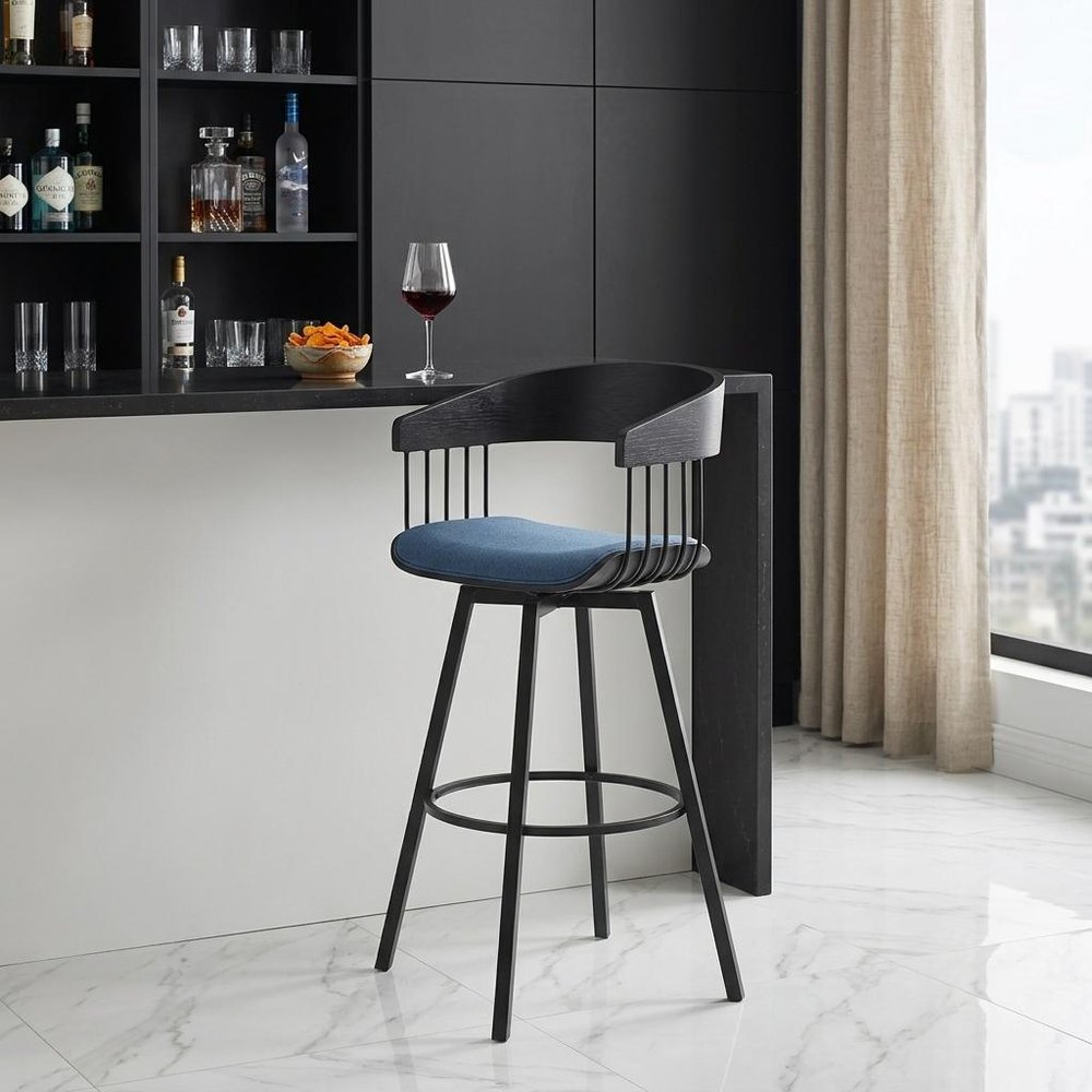 31" Blue and Black Fabric with Metal Swivel Bar Height Bar Chair