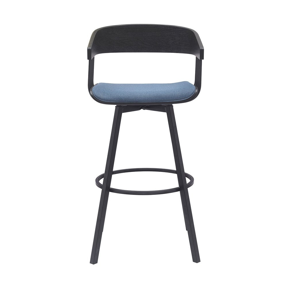 31" Blue And Black Fabric And Metal Bar Height Swivel Bar Chair