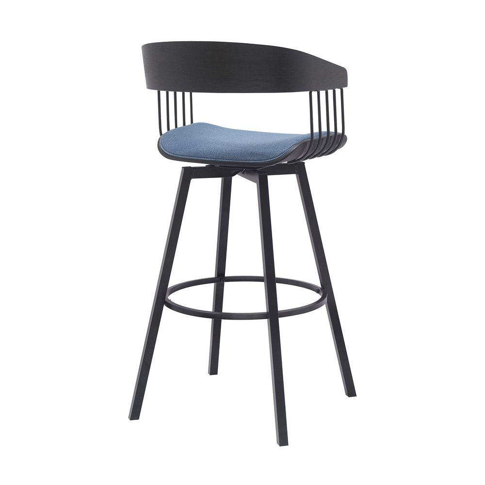 31" Blue And Black Fabric And Metal Bar Height Swivel Bar Chair