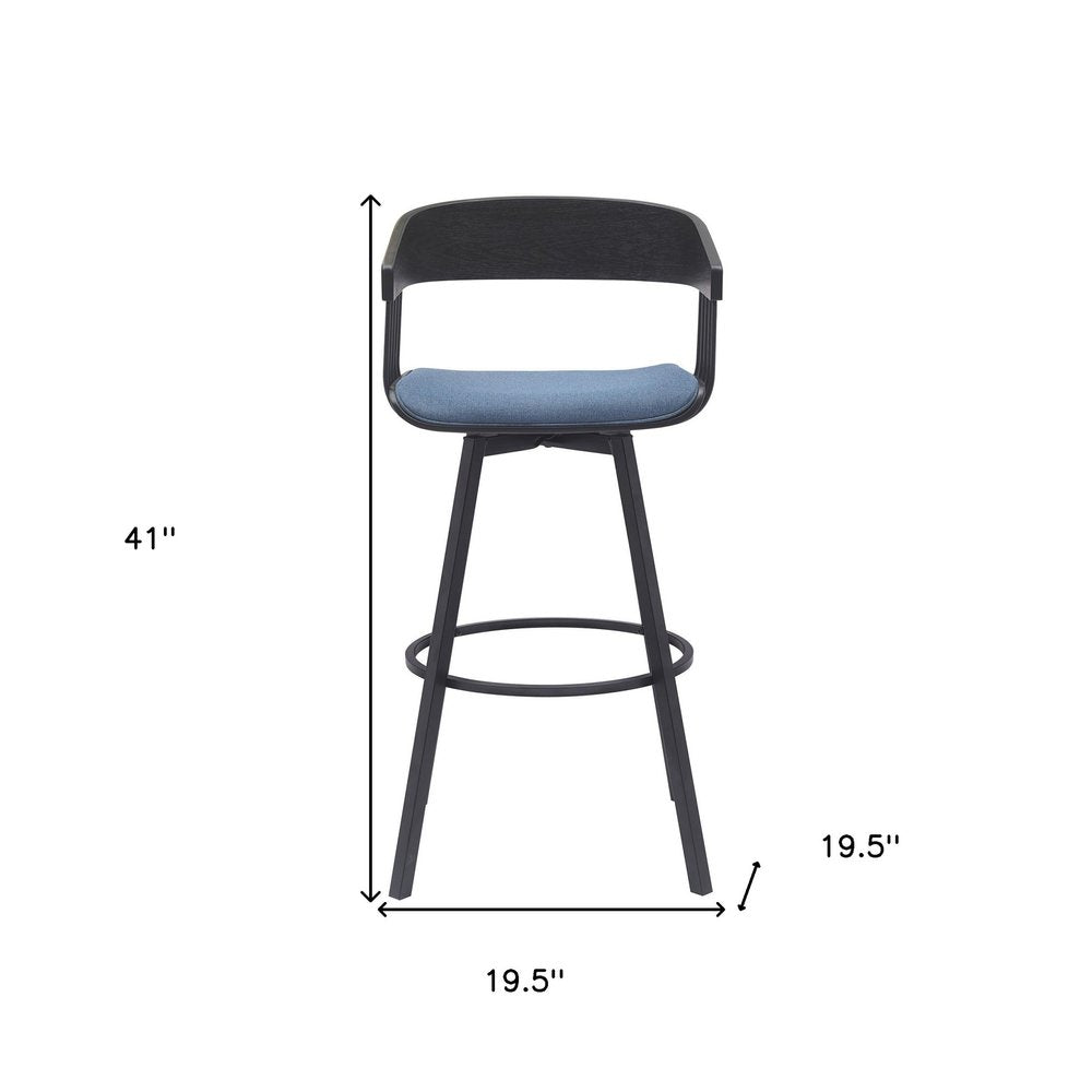 31" Blue And Black Fabric And Metal Bar Height Swivel Bar Chair