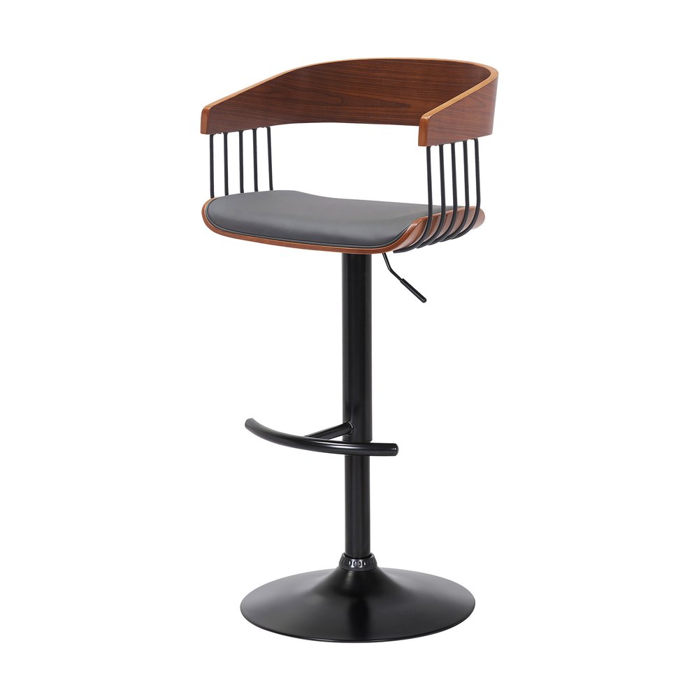 Gray And Black Faux Leather And Fabric And Metal Adjustable Height Swivel Bar Chair