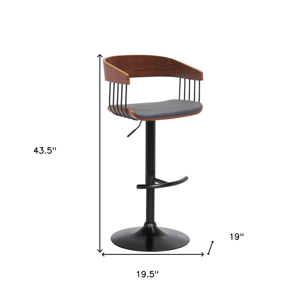 Gray And Black Faux Leather And Fabric And Metal Adjustable Height Swivel Bar Chair