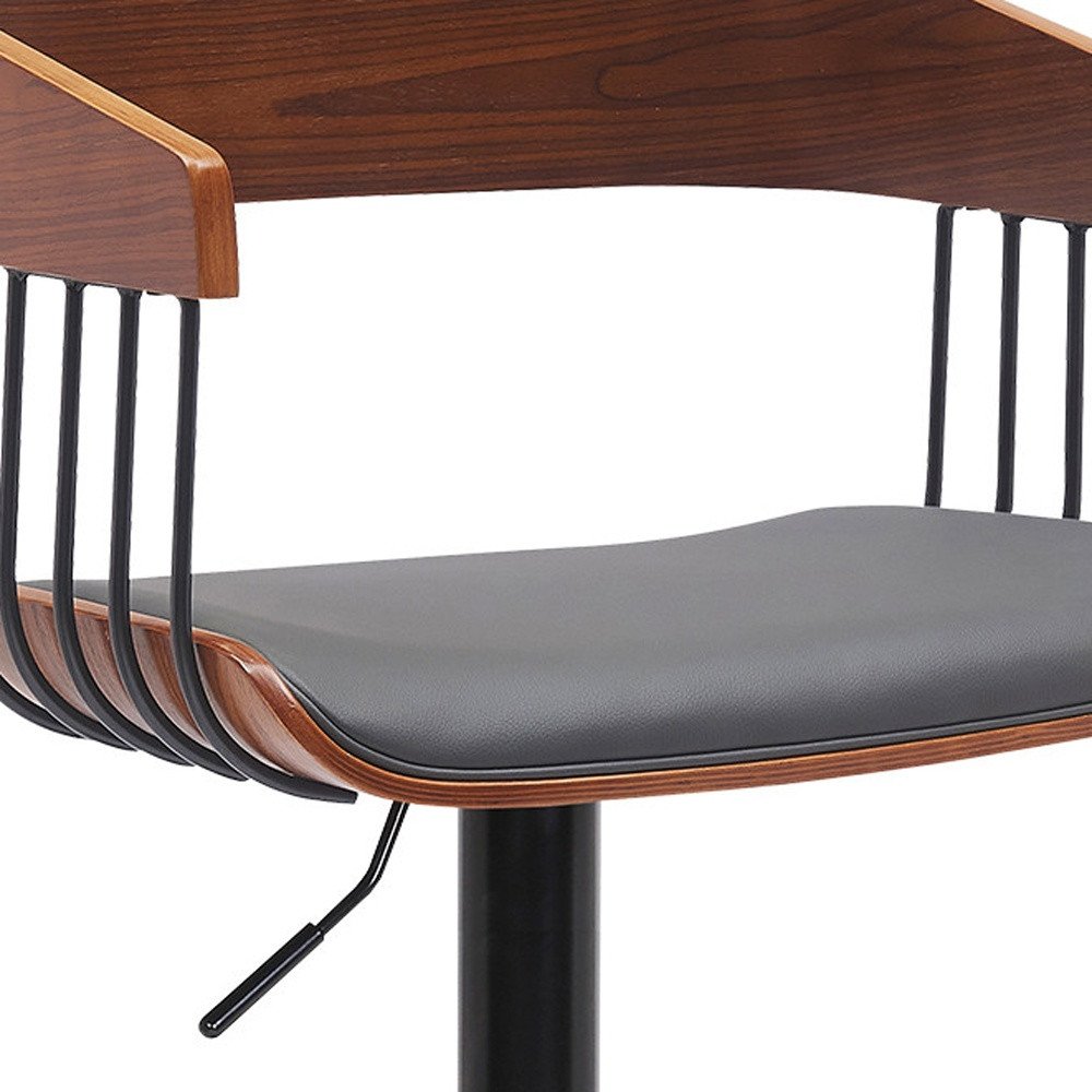 Gray And Black Faux Leather And Fabric And Metal Adjustable Height Swivel Bar Chair