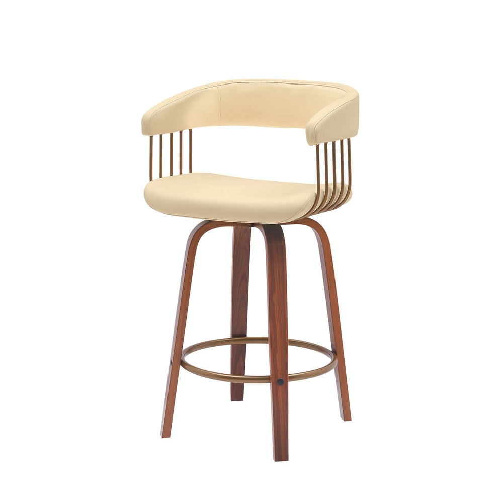 26" Cream And Wood Brown Faux Leather Swivel Counter Height Bar Chair
