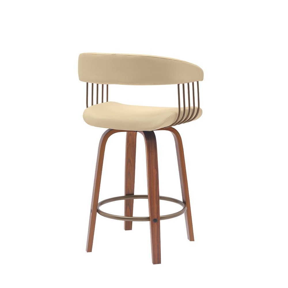 26" Cream And Wood Brown Faux Leather Swivel Counter Height Bar Chair