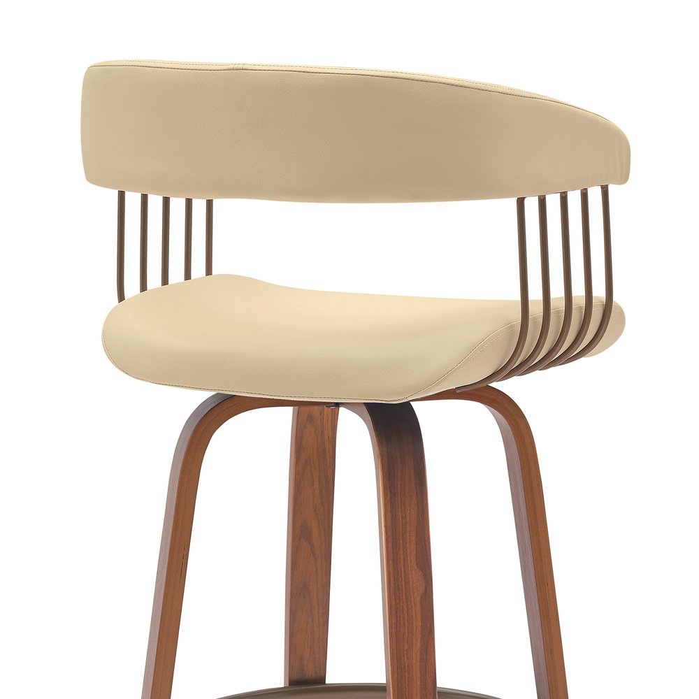 31" Cream And Wood Brown Faux Leather Swivel Bar Height Bar Chair