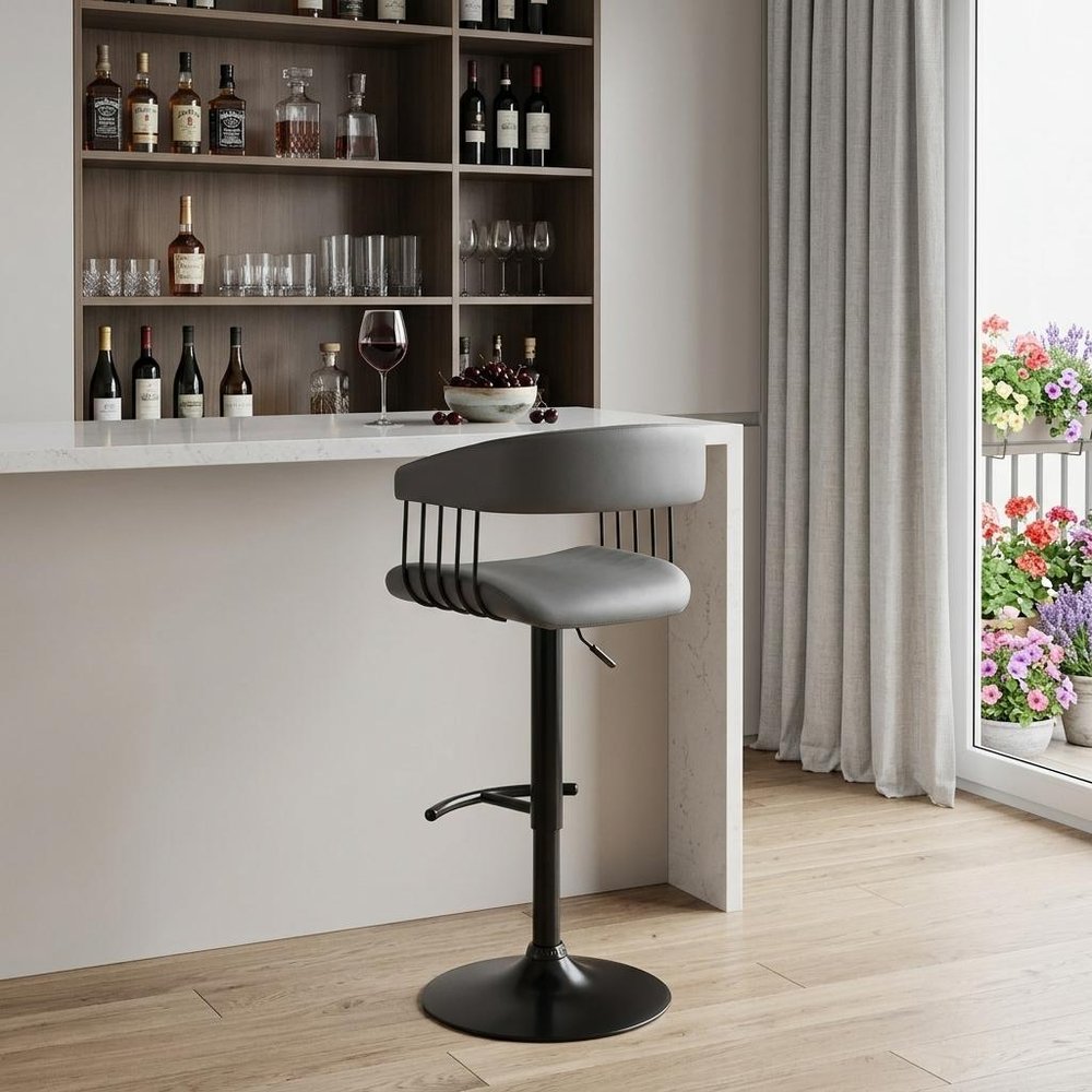 Gray and Black Faux Leather with Metal Swivel Adjustable Height Bar Chair