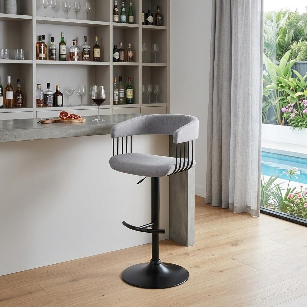 Light Gray and Black Fabric with Metal Swivel Adjustable Height Bar Chair