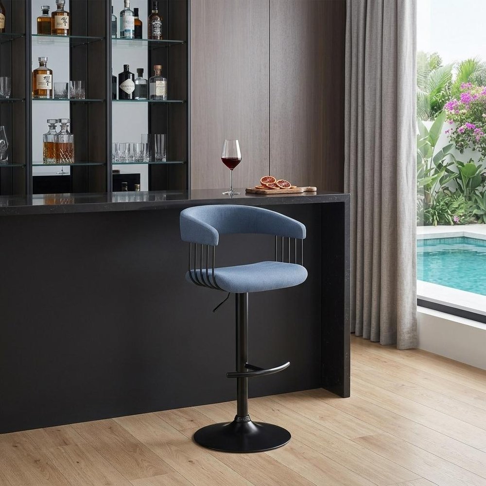 Blue and Black Fabric with Metal Swivel Adjustable Height Bar Chair