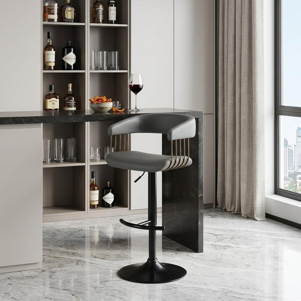 Gray And Black Faux Leather And Fabric And Metal Adjustable Height Swivel Bar Chair
