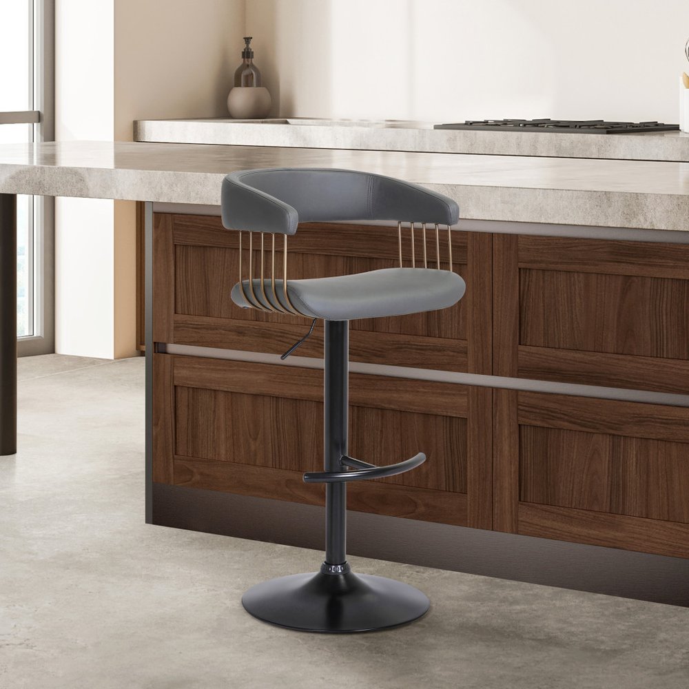 Gray And Black Faux Leather And Fabric And Metal Adjustable Height Swivel Bar Chair