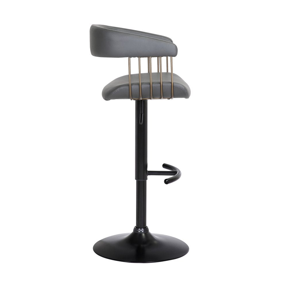 Gray And Black Faux Leather And Fabric And Metal Adjustable Height Swivel Bar Chair