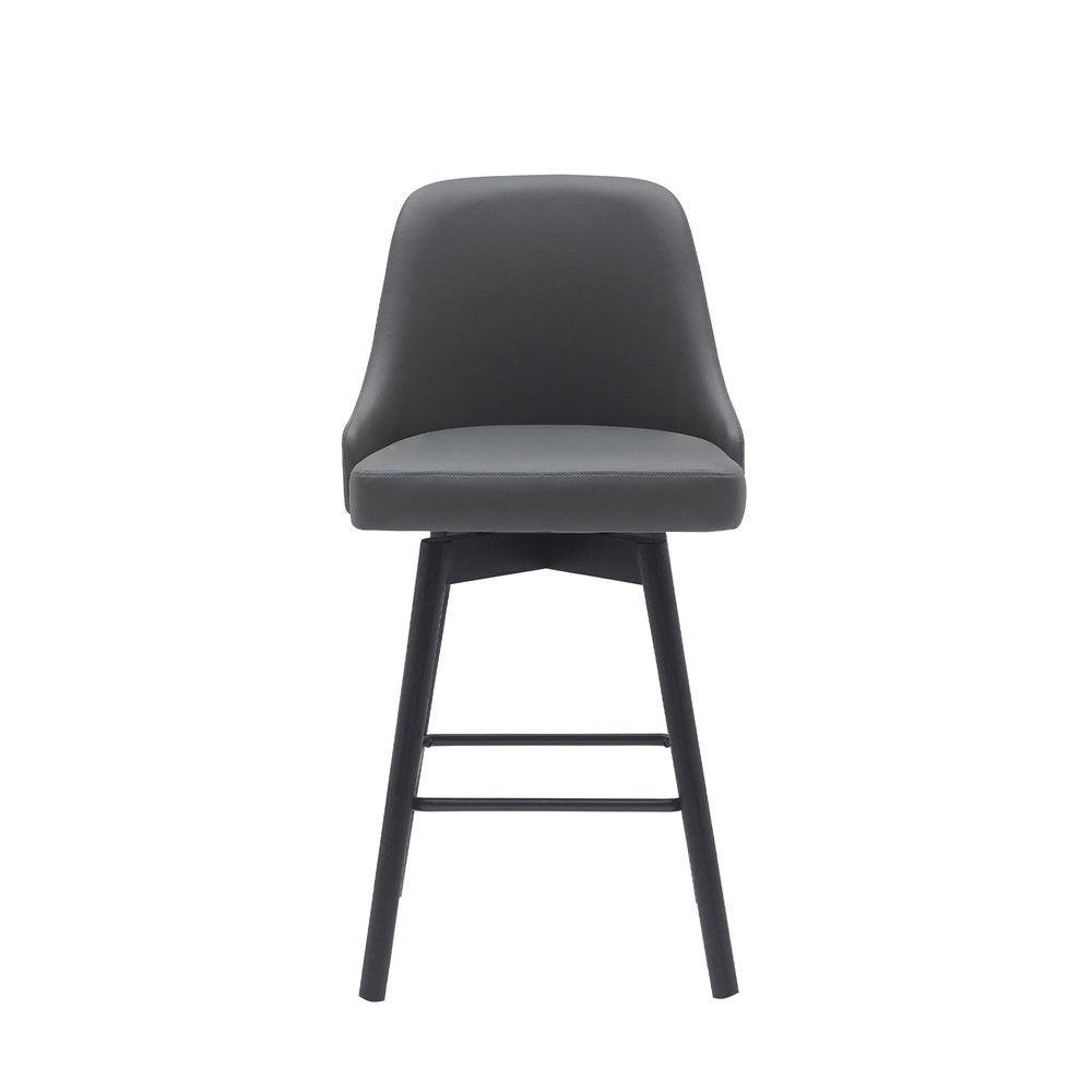 26" Gray And Black Faux Leather And Fabric And Solid Wood Counter Height Swivel Bar Chair