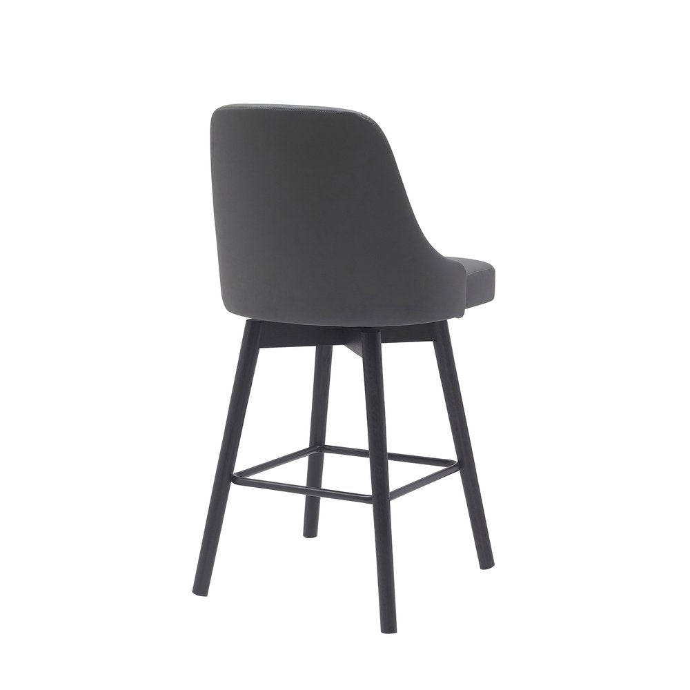 26" Gray And Black Faux Leather And Fabric And Solid Wood Counter Height Swivel Bar Chair