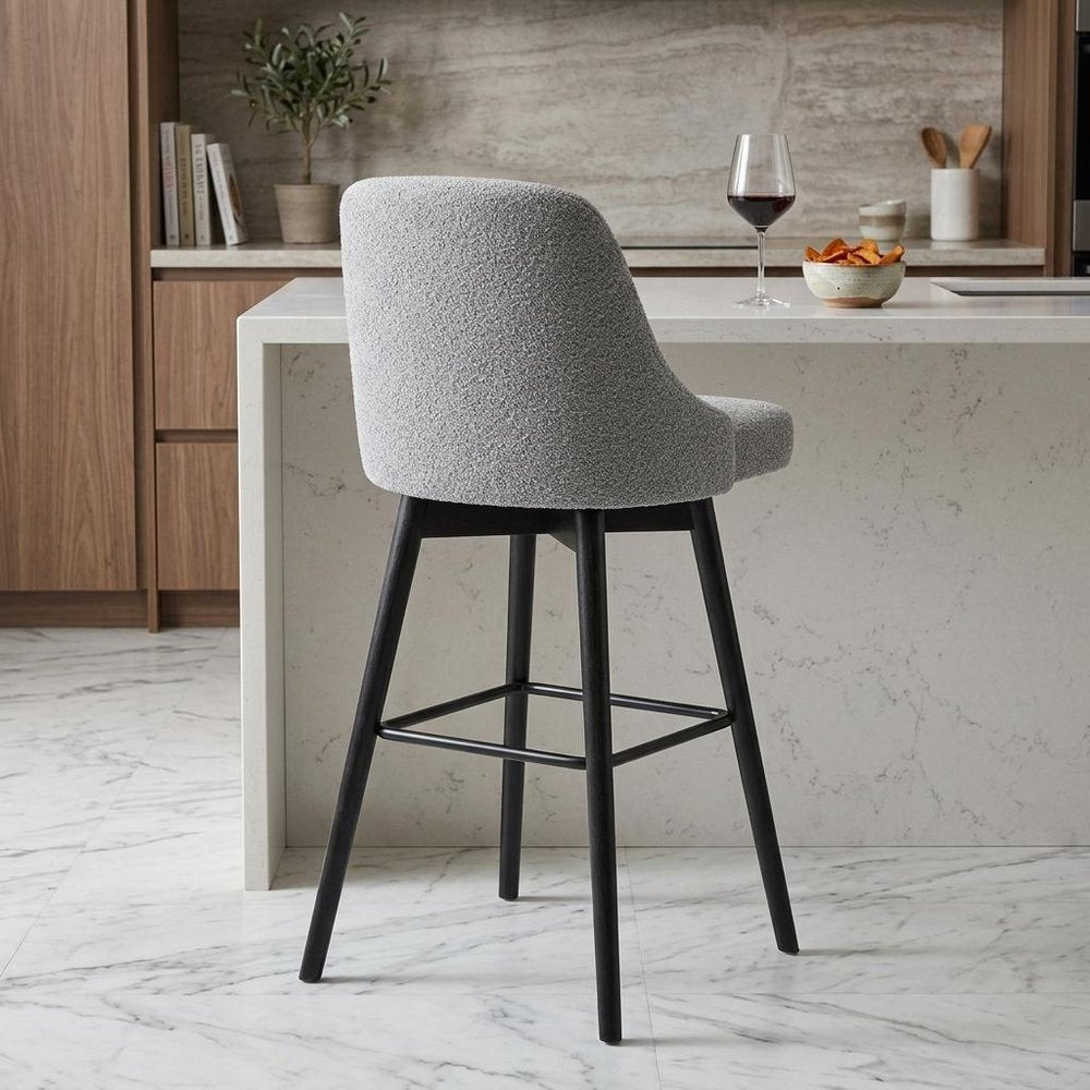 26" Light Gray and Black Fabric with Solid Wood Swivel Counter Height Bar Chair